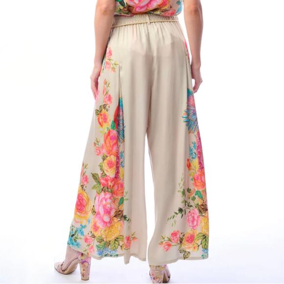 NWT ARATTA Earth Angels Pants - Beige with Rose Peacock Print - Size M - Picture 2 of 3